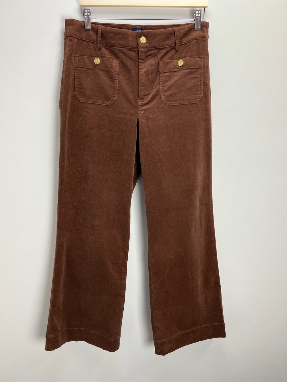 J. Crew Corduroy Lizzie Pant Patch Pocket Wide Leg Brown Gold Buttons Womens 29